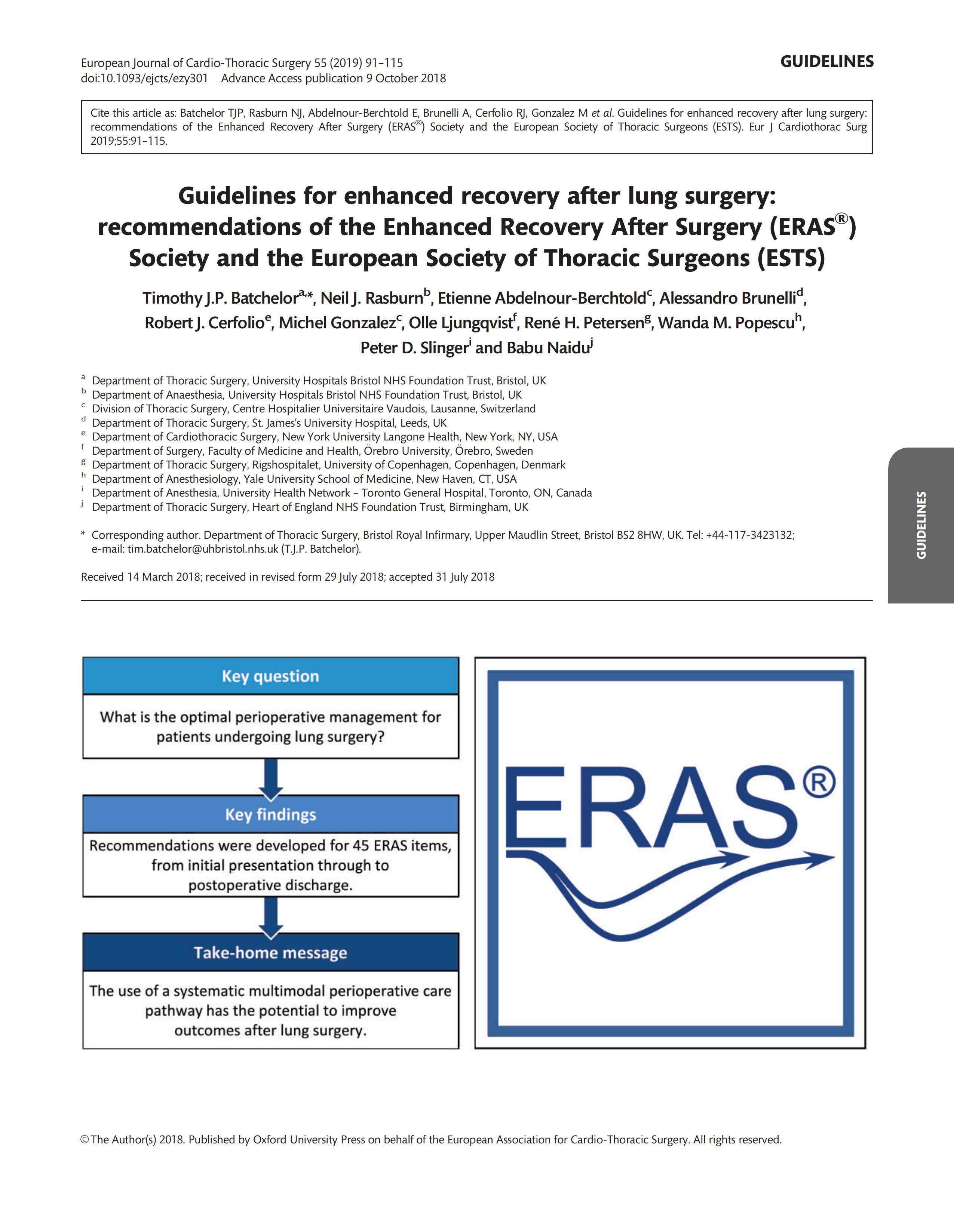 肺部手術后加速康復指南：加速康復外科 (ERAS ? ) 協會和歐洲胸外科醫師協會 (ESTS) 的建議